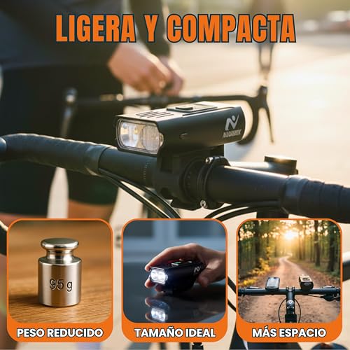 NUBOOX Luz Bicicleta Delantera Recargable USB-C, Compacta y Ligera, Batería 1500 mAh con Pantalla Digital, Foco LED 1000 Lúmenes con 6 Modos, Impermeable IPX4, Linterna Ciclismo Carretera MTB - imagen 2