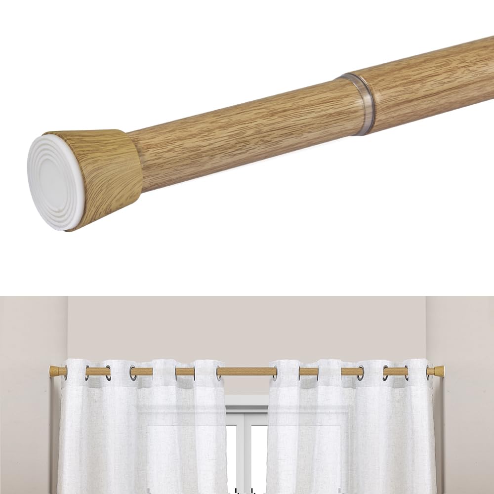 Barra de cortina sin taladrar telescópica, metálica y extensible de 28 mm de diámetro, Instalación a presión, resistente, Ideal para cortinas, armarios y baños STORESDECO Color Madera 120-210 cm