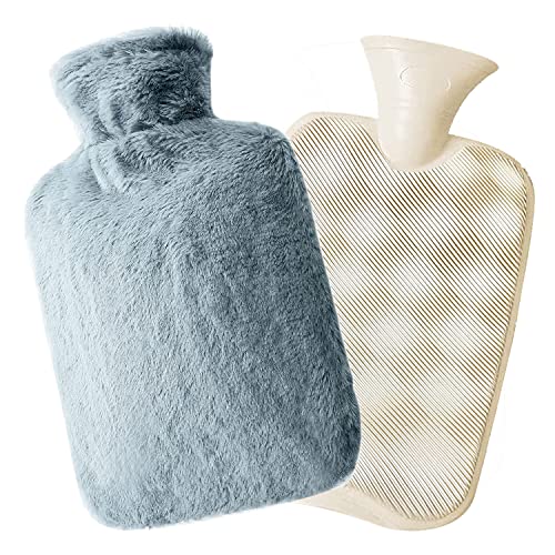 Bouillotte d'eau Chaude avec Housse en Peluche, Grande Capacité 2L Bouillotte Eau Chaude pour Soulagement de la Douleur, Dos, Cou, Épaules et Nuits Chaudes Cosy (Gris) Cover