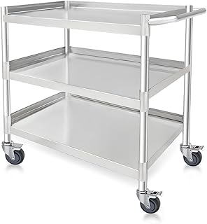 3 Tier Stainless Steel Utility Cart | Heavy Duty Metal Rolling Cart with Handle & Wheels | Ideal for Kitchen, Restaurant, Hospital, Laboratory & Home (19''x31''x34'')