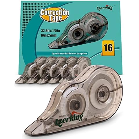 Lzerking Correction Tape, White, 16 count, Instant White It Out,Tape is Mess-free and Tear Resistant, Applicator for Instant Corrections, 1/5 Inch X 32.8 Ft (5mmx10m) Cover