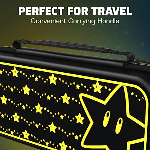 Image of PDP Nintendo Switch Travel Case Plus GLOW with Wrist Strap, Built-in Stand & Game Storage Pockets, Officially Licensed for Switch Lite /OLED: Mario Super Star (Glow in the Dark)