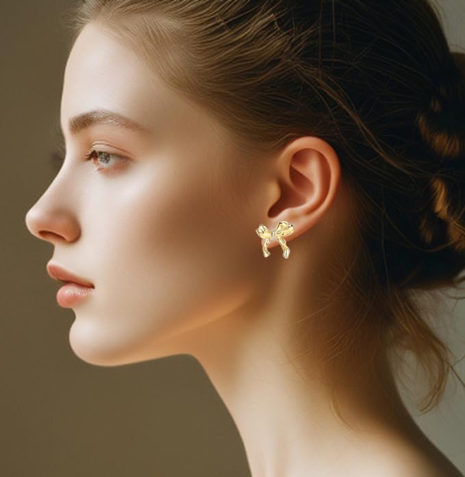 Vista 8 de Aretes de aro pequeños y ligeros con lazo de oro de 14 quilates para mujeres y niñas