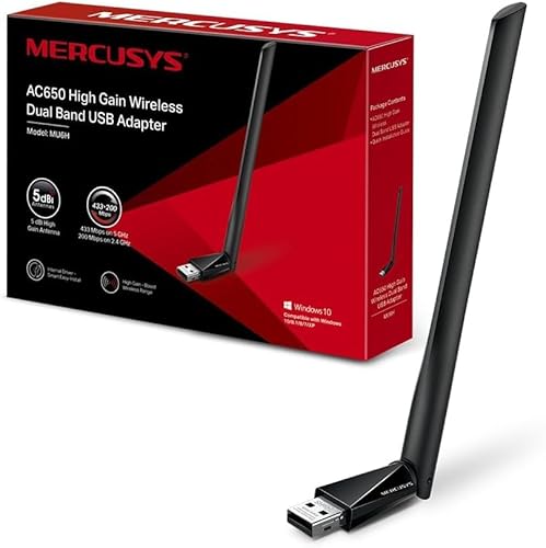 TP-Link MERCUSYS MU6H Adaptador AC650 WiFi USB de Alta Ganancia, Memoria WiFi, Dual-Band, 200 Mbps a 2,4 GHz con tecnología 256-QAM, 433 Mbps a 5 GHz, Compatible con Windows 11/10/8.1/8/7/XP