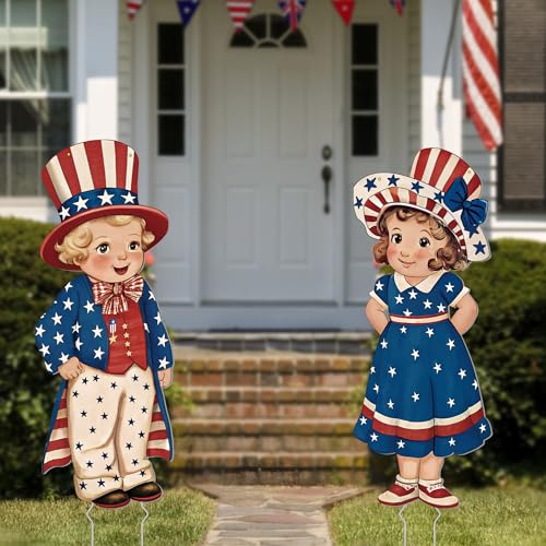 Goolife 4th of July Decorations Outdoor 31in Patriotic Decor Memorial Day Yard Sign with Metal Stakes Front Door Decor Hanging Sign for Porch Walls Door Hanger Garden Patio Lawn Party Supplies Prop