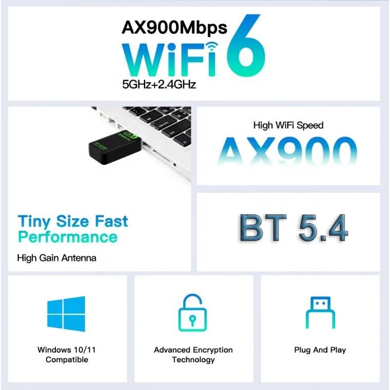 Image of AX900 WiFi 6 USB Adapter, 900Mbps Dual Band 2.4GHz /5GHz Wireless Dongle with Bluetooth 5.3, MU-MIMO, WPA3 Security for PC /Laptop /Desktop, Windows 10 /11 Compatible
