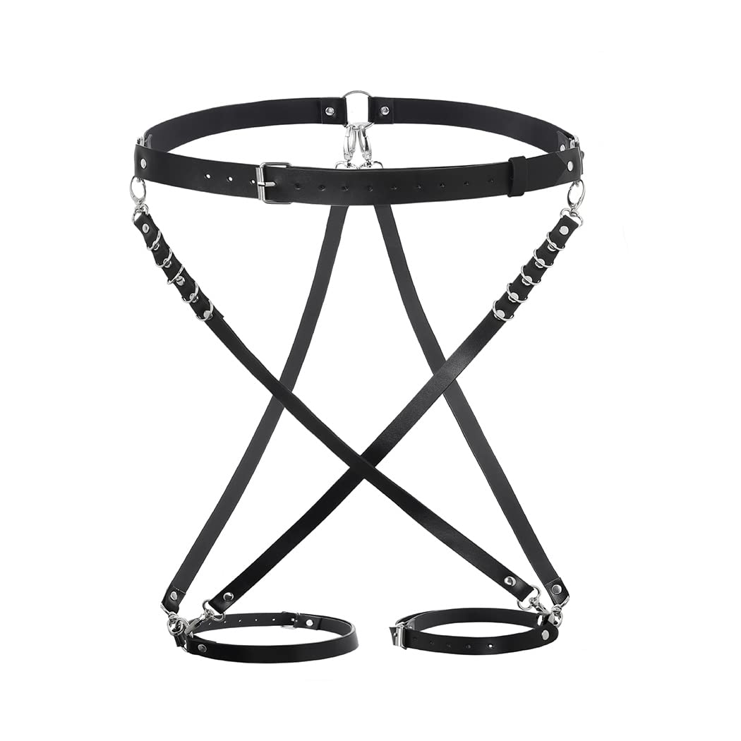 Navoky Punk Leather Body Chain Metal Ring Waist Chain Gothic Belt Cross Leg Straps Belly Chains Thigh Accessories Nightclub Rave Halloween for Women