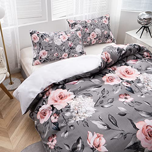 Toptree Rose Floral Duvet Cover Queen - Aesthetic Garden Pink Floral Bedding Set Modern Trendy Flower Bed Set With Botanical Leaf For Women Aldult（Grey, Queen） #TOP2