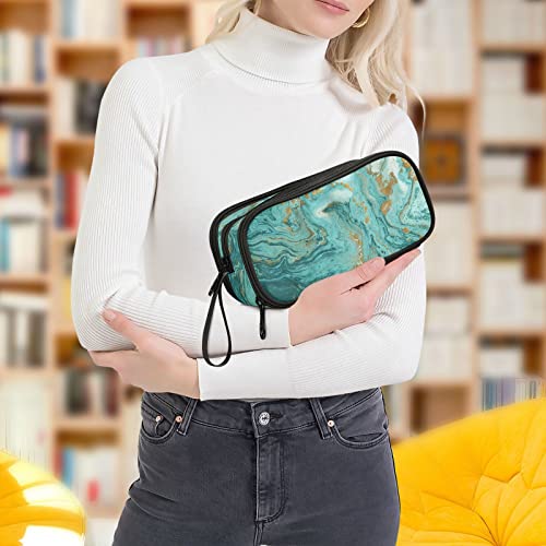Image of senya Big Capacity Pencil Pen Case, Golden and Turquoise Marble Teal Pen Box for School Office College Multi-Purpose Pouch Holder Organizer Cosmetics Bag