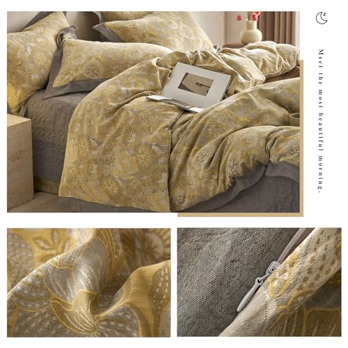 VM VOUGEMARKET Yellow Flower Duvet Cover Queen,3 Pieces Retro Jacquard Golden Floral Bedding Set,Linen Cotton Yarn-Dyed Textured Duvet Cover with Zipper Closure
