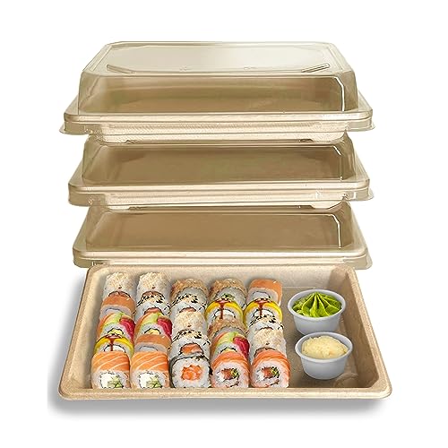 EcoQuality Large Compostable Sushi Trays with Lids - Natural Sugarcane Bagasse Take Out Sushi Container - Biodegradable, Disposable Sushi Plate with Lid, Eco Friendly, To go, Serving Tray (25)