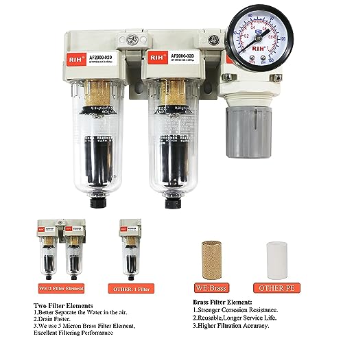 RIH Pneumatics 1/4\'\' NPT Auto Drain Compressed Air Double Filter & Regulator, Air Compressor Water Separator, Auto Drain, Poly Bowl,0-150 psi Gauge, 5 Micron Brass Element AC2110-02D(1/4 NPT) - Thumbnail 3