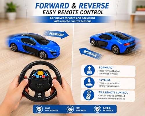 Image of High Speed RC Racing Car with Steering Wheel Remote, Featuring 3D Light Effects, Forward & Reverse Motion, Battery Operated, Easy to Operate for Kids, Indoor Outdoor Fun.