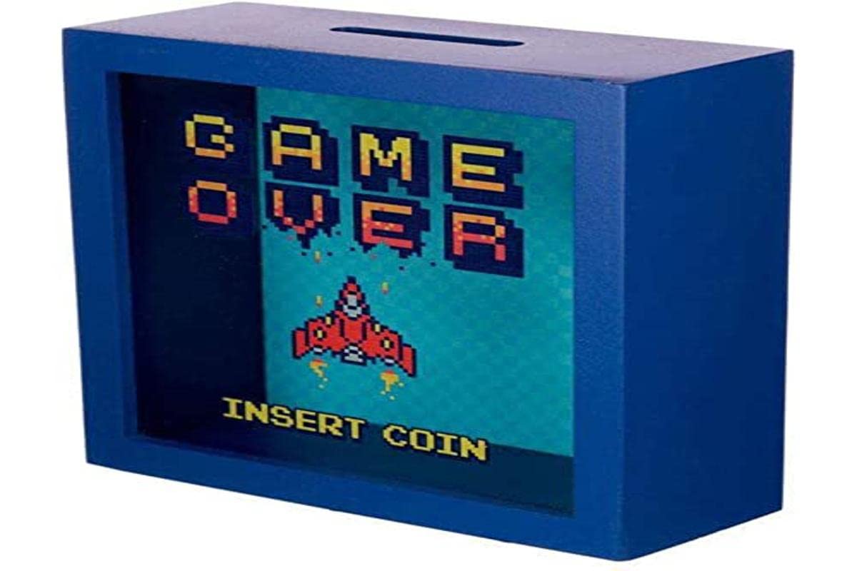 Salvadanaio Game Over Con Finestra - INSERT COIN - 18x18x7 Cm - Legno E Vetro