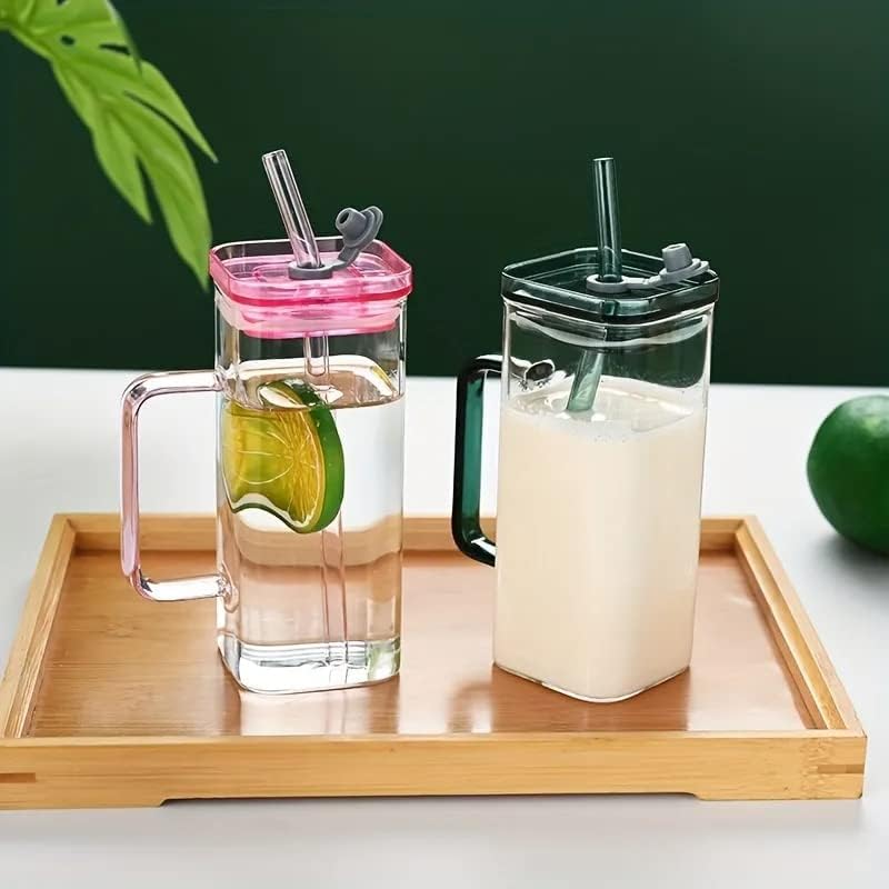 Image of ANKUL Random Clour Squre Glass Sipper Tumbler Tea Coffee Can with Acrylic Lid and Straw - 400ml - Pack of 1 - Fruit Milk Juice Cup Glass Straw (Square Mug, 1)