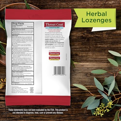 Image of Traditional Medicinals Throat Coat Organic Cough Drops, Eucalyptus Mint with Menthol, Soothes Sore Throats & Relieves Coughs, 30 Count