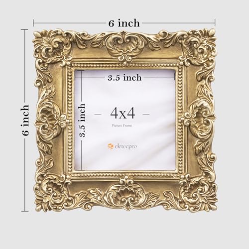 Image of eletecpro 4x4 Vintage Picture Frame with Real Glass Cover, Ornate Antique Photo Frame, Display 4x4 Picture for Tabletop or Wall Hanging, Gold Home Decor for Gallery Art