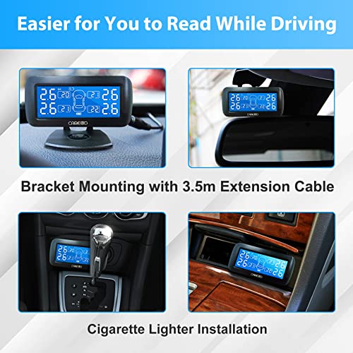 Careud Wireless Tire Pressure Monitoring System For Rv,Tpms With 4 External Wateproof Sensors(0-199Psi / 0-13.5Bar),6 Alarm Modes & Tire Pressure Real Time Monitoring (Cigarette Lighter Plug) #TOP1