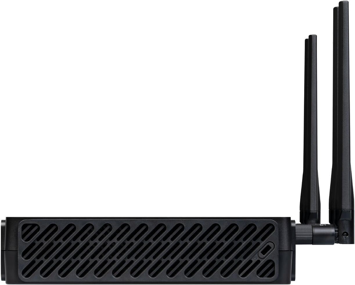 Side view of the Lancom 1803VA-5G SD-WAN VoIP Gateway, showing ventilation grilles and two antennas attached to the side.