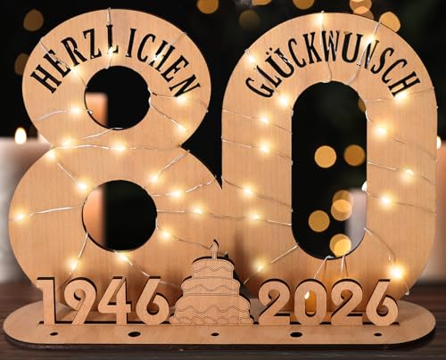 Giftota - 2026 Originelle 80 Geburtstag Geschenk Frauen & Männer - Geldgeschenke Geburtstag 80 mit LED Lichterkette Ständer - Holz-Schild Gästebuch - 80 Geburtstag Deko - Personalisierbares Geschenk