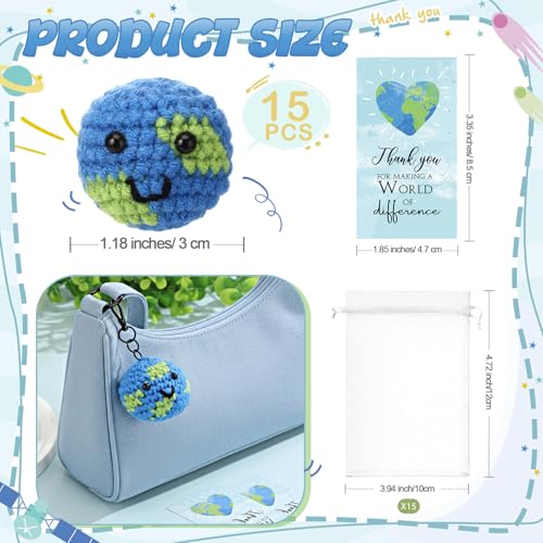 Suncalla 15 Sets Back to School Inspirational Gift Bulk Mini Handmade Crochet Stress Ball Earth Keychain with Thank You Cards Employee Appreciation Gift for Office Volunteer Teacher Nurse - Image 2