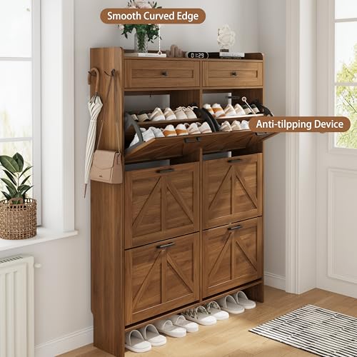 Image of Shoe Cabinet with 6 Flip Drawers & 2 Top Drawers, 57 inch Tall Freestanding Narrow Wooden Shoe Storage Organizer for Entryway, Hidden Slim Shoe Rack for Front Door Entrance, Hallway, Living Room, Walnut