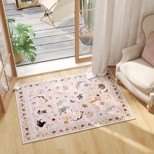 Door Mat Indoor Entrance 2x3 Rug Machine Washable Boho Floral Animal Cat Small Area Rug Non-Slip Low Pile Throw Rugs for Entryway Kitchen Front Door Indoor Entrance Entry Kids Room, Pink