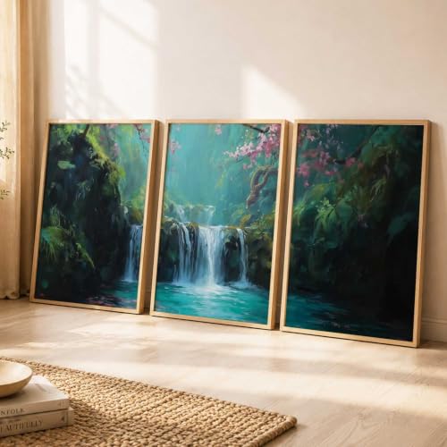Image of kotart Abstract Nature Art Framed Paintings | Big Aesthetic Waterfall View Painting | Vastu Frames for Bedroom Living Room Wall Decor Set Of 3 (10X13 inch)