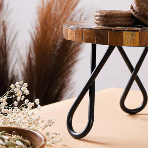 Image of CASA Decor Tribal Souk Wood & Metal Pizza Pastry Cake Stand Pack of 1 (Brown, Diameter-8 Inch)