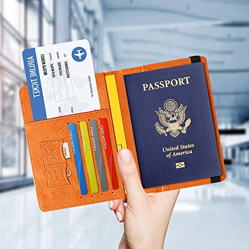 Czyan Reisepasshülle, Kunstleder Schutzhülle Reisepass mit RFID Blockier Schutzhülle Impfausweis Schutzhülle Tasche für Kreditkarten Ausweis und Reisedokumente(Orange)