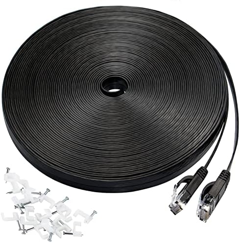 Cat 6 Ethernet Cable 50 ft, Flat Wire LAN Rj45 High Speed Internet Network Cable Slim with Clips, Faster Than Cat5e,Cat5 with Snagless Connectors for PS4, Xbox one, Switch Boxes, Modem, Router,Black