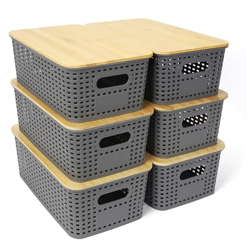 SHENMAIDAY 6-pack plastic storage bins with bamboo lids, stackable storage bins, plastic baskets with lids, bamboo lid desktop organizer storage boxes for shelves drawers closets (Gray)