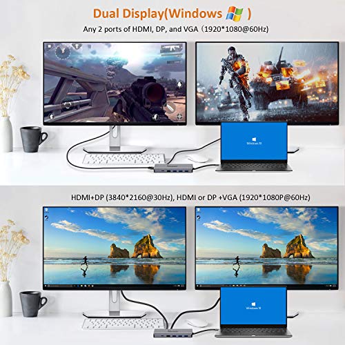 USB C Dual Monitor Docking Station for Laptop, 13-in-1 USB C Hub Adapter with HDMI DisplayPort VGA, 2 USB, USB C Charging and 3.5mm Audio, USB C Docking Station Compatible for USB C Windows Laptops