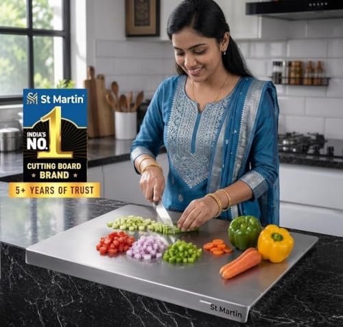 Image of Extra Large 304 Stainless Steel Cutting Board (41x31 cm) with Free 3 Knife Set - Heavy Duty Chopping Board for Meat, Vegetables, Fruits & Kitchen Countertop - Easy to Clean, Rust Resistant & Durable
