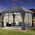 MASTERCANOPY 10x12 Outdoor Hardtop Gazebo Aluminum Frame Polycarbonate Top Canopy with Curtains and Netting, Dark Grey
