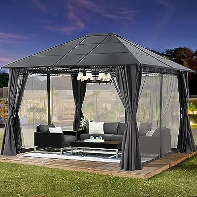 MASTERCANOPY 10x12 Outdoor Hardtop Gazebo Aluminum Frame Polycarbonate Top Canopy with Curtains and Netting, Dark Grey