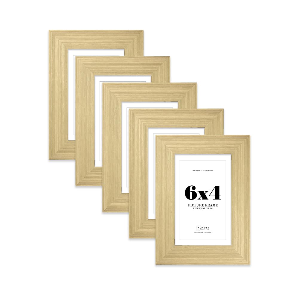 6x4" Gold Frame With Mount for 5x3" Pictures 28mm Edge Portrait and Landscape Display with Wall Hooks and Kickstand, 5 Pack