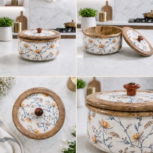 Image of The Earth Store Premium Wooden Florence Casserole for Roti - 1600ML Handcrafted Mango Wood with Resin Art Roti Casserole | Elegant Wooden Roti Box | Chapati Box for Dining & Gifting