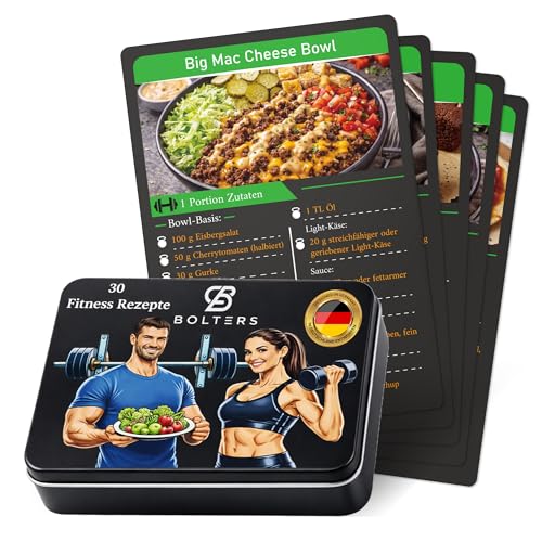 Bolters Carte di ricette fitness – 30 ricette ad alta proteina con macro, carte fitness anziché libro di cucina, per costruzione muscolare e dieta sana, regalo per gli appassionati di fitness, in