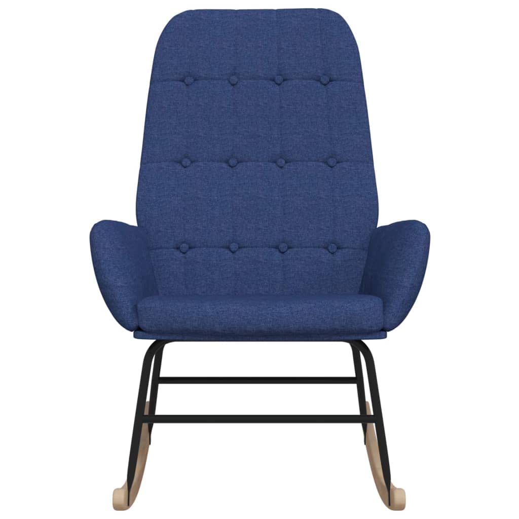 Mecedora de tela azul con reposabrazos, asiento de espuma acolchada, patines de metal estables y comodidad para salón, balcón o terraza para relajarse