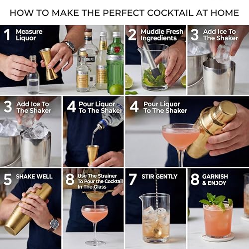Image of Car-O-Bar Copper Gold Bar Set with Stand | 10 Piece Bartender Kit :Cocktail Shaker, Bar Spoon, Jigger, Muddler, Strainer, Wine & Beer Bottle Opener, 2 Pour Spouts, Tong, Wooden Stand