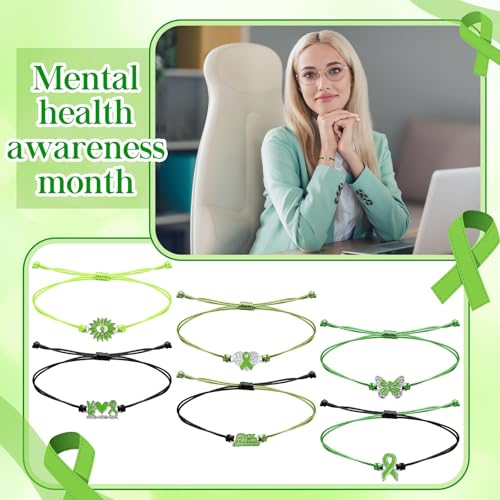 Image of Yaomiao 36 Pcs Mental Health Awareness String Bracelets Bulk Green Awareness Adjustable Wristbands for Mental Health Month Items Gift