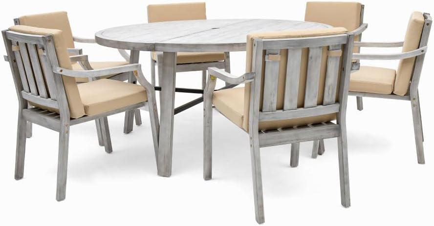 Patio Dining Set Outdoor Table and Chair Set with Removable Cushions for Patio, Backyard, Garden, Dark Brown (Grey + Wood+Metal + Foam-1)