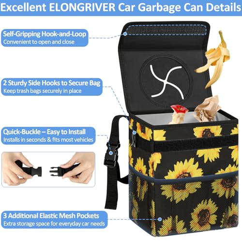 Image of ELONGRIVER Car Trash Can Bin for Back Seat Leak Proof, Cute Car Trash Bag Hanging, Vehicle Trash Can for SUV Truck Van, Automotive Garbage Cans Front Seat Sunflower Floral