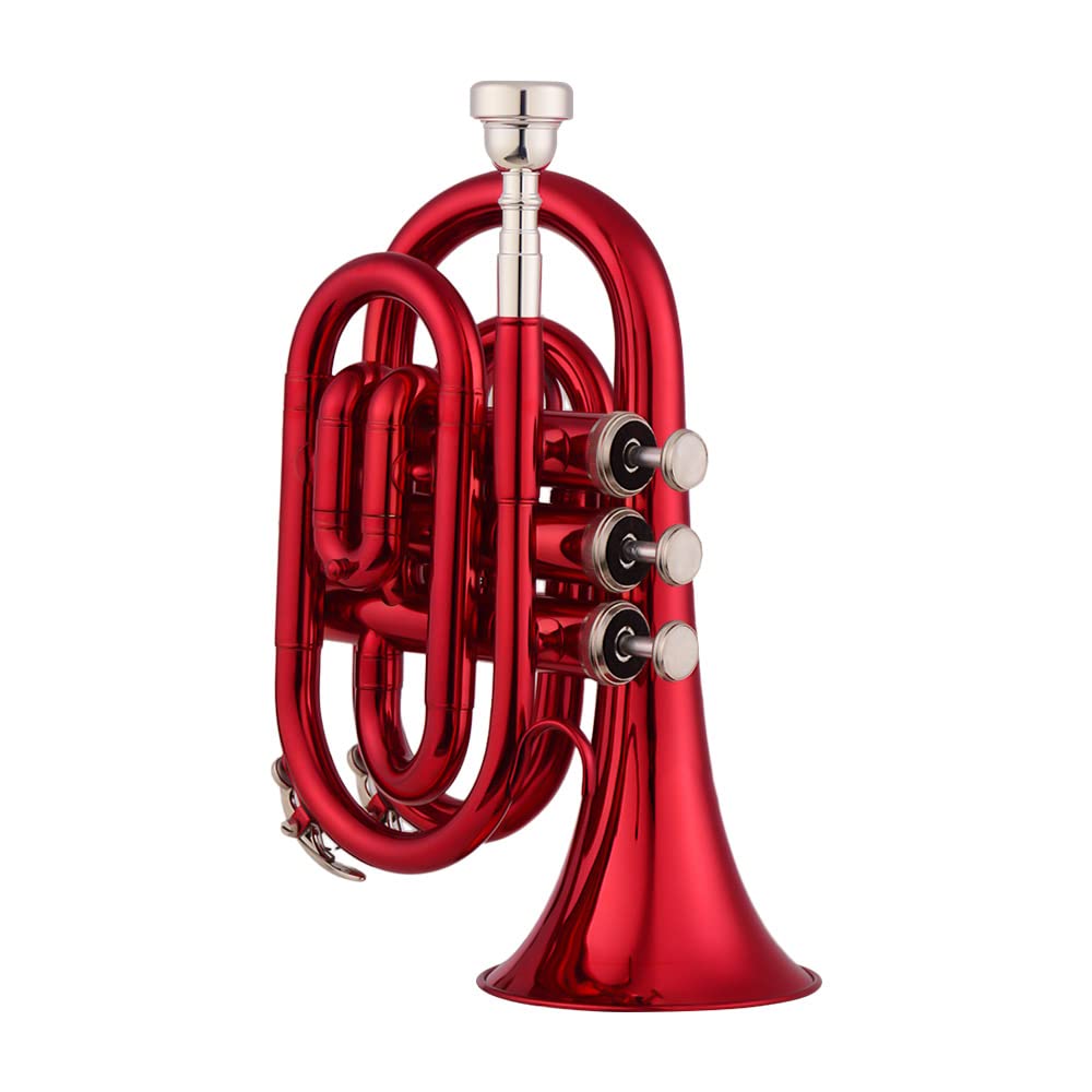 Set di Trombe Tascabili in SIB 5 Trombe a Mano Colorate Opzionali con Custodia, Cinturino, Bianchi, Kit di Pulizia per Studenti e Principianti (Rosso)