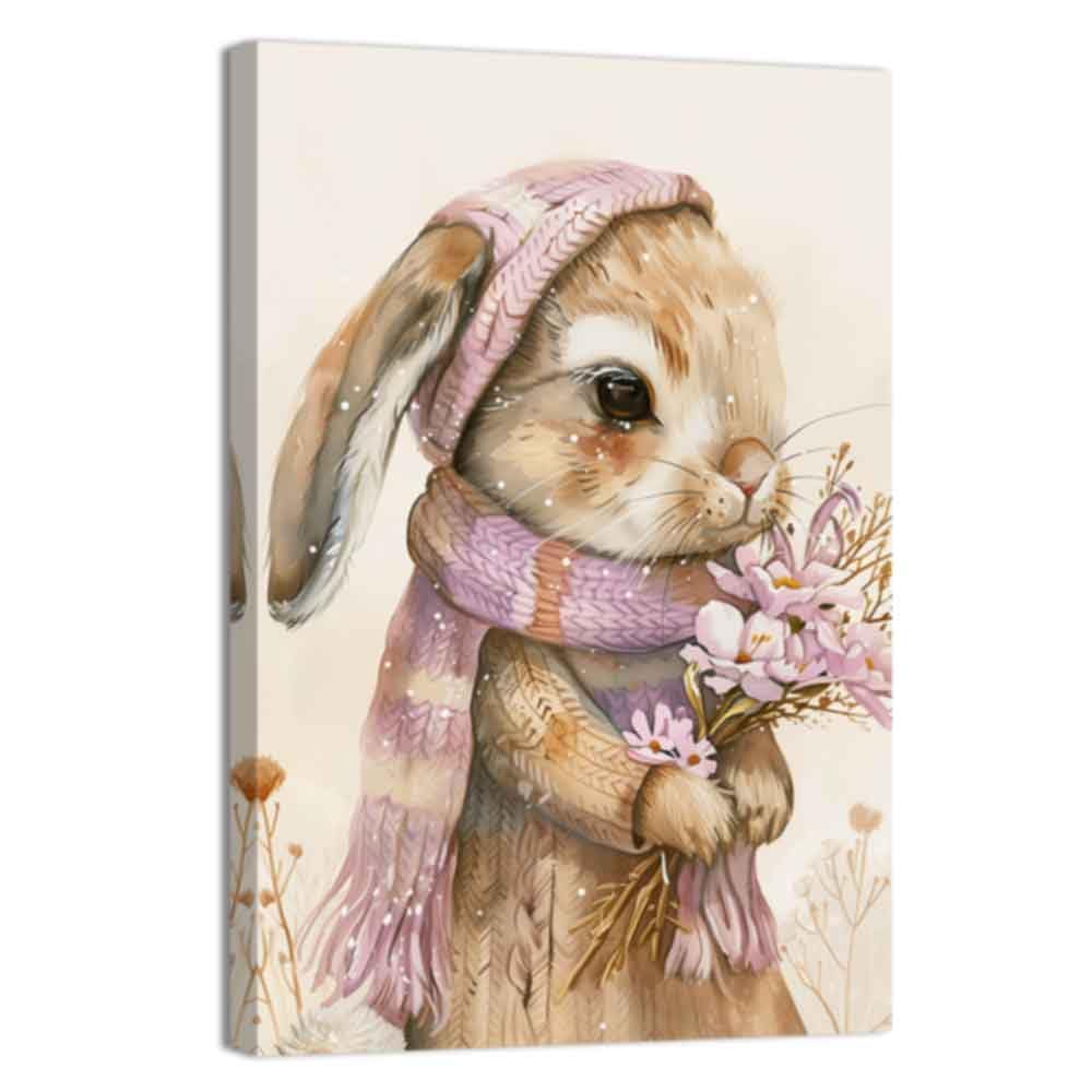ZQQART Bunny Canvas Wall Art Funny Rabbit Scarf Picture Poster Flower and Animal Paintings Winter Christmas Canvas Prints Bedroom Home Decor Framed(Pink,24.00" x 36.00")