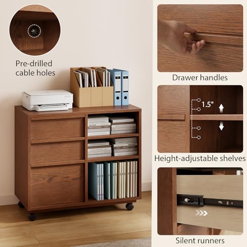Image of Solid Wood Lateral Filing Cabinet, 3 Drawer Mobile File Cabinet,Stand with Open Shelves,Storage Drawer Cabinet，The Cabinet Features Adjustable Steel rods，Suitable for Home Offices