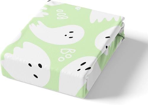 Miniatura 5 de Sábana bajera ajustable de Halloween tamaño Queen, funda de colchón transpirable con estampado a mano de acuarela blanca y verde (1 sábana bajera +