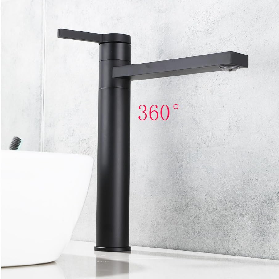 Mischbatterie Waschbecken Bad Einhebelmischer Bad 360° schwenkbarer Wasserhahn Bad Waschtischarmatur Hoch, Schwarz