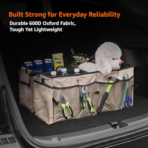 Image of Amazon Basics Car Boot Organizer with 3 Large Compartments & 8 Mesh Pockets | Foldable 600D Oxford Storage Box with Lid & Securing Straps (Beige, 58x43x27 cm)